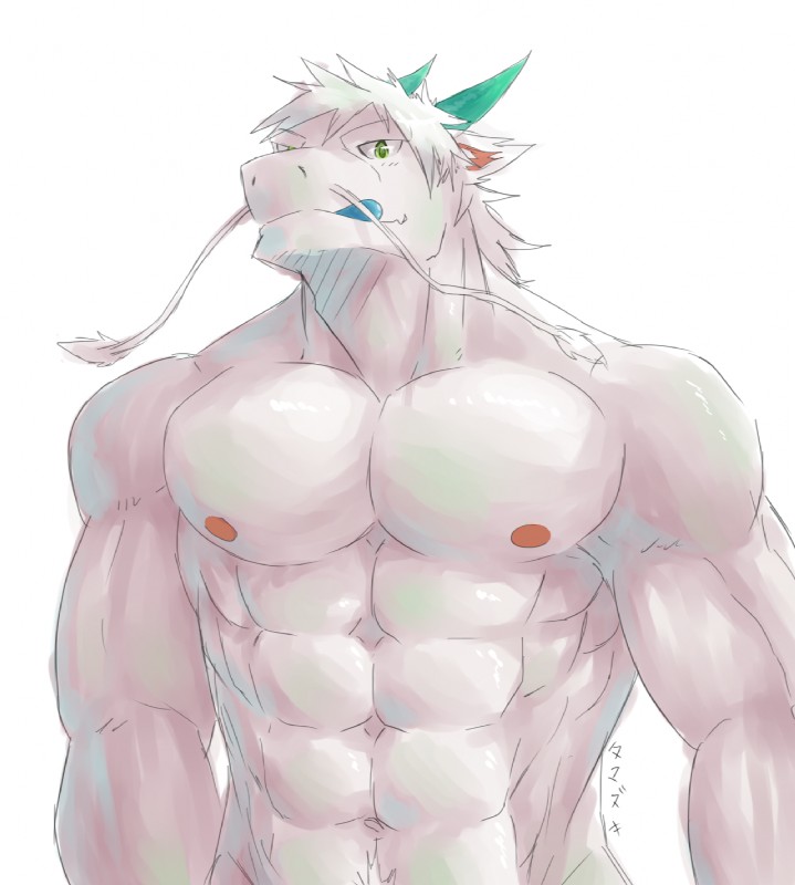 abs anthro barbel_(anatomy) blue_tongue clothed clothing flesh_whiskers horn male muscular muscular_anthro muscular_male nipples pecs simple_background solo tongue tongue_out topless white_background tamazuki_akiyama mythology sckhar angel_dragon dragon mythological_creature mythological_scalie scalie hi_res