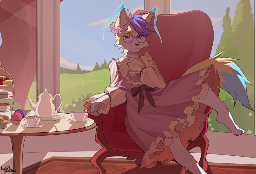 ambiguous_gender anthro classy clothing container cup dress eyewear feminine flower flower_crown frilly frilly_clothing glasses hair lounging plant pose purple_hair solo tea_cup teapot sonofan lloxie_(character) canid canine fox mammal phasefox absurd_res hi_res pinup nonbinary_(lore)