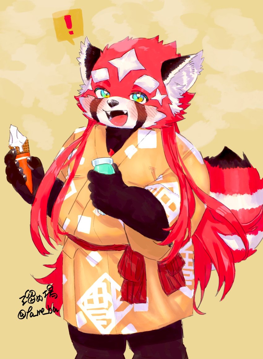 anthro asian_clothing blush clothing east_asian_clothing eyebrows food fur green_eyes hair ice_cream_cone japanese_clothing kimono long_hair male red_body red_fur slightly_chubby smile solo thick_eyebrows young ta_me_ba lifewonders tokyo_afterschool_summoners zhurong_(tas) ailurid mammal red_panda 2024 digital_media_(artwork) hi_res