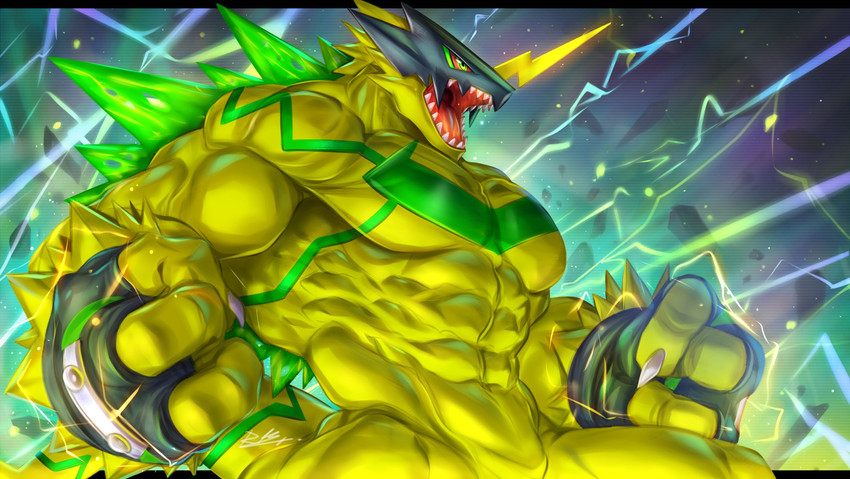 abs anthro biceps clothing electricity gloves handwear male mask muscular muscular_anthro muscular_male open_mouth pecs red_eyes solo spikes teeth yellow_body rabbity bandai_namco digimon bulkmon digimon_(species) scalie hi_res