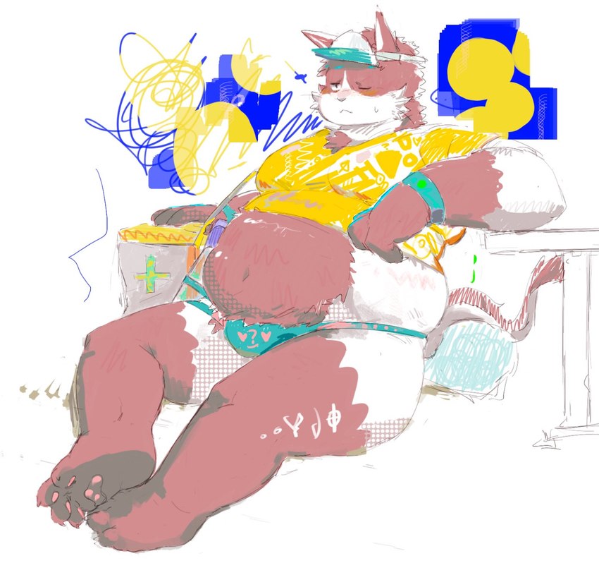 anthro belly blush bulge clothing crop_top fur hat headgear headwear male navel one_eye_closed overweight pawpads pink_body pink_fur shirt sitting solo speedo swimwear topwear visor_cap renal96634849 tamacolle bungo_(tamacolle) domestic_cat felid feline felis mammal hi_res