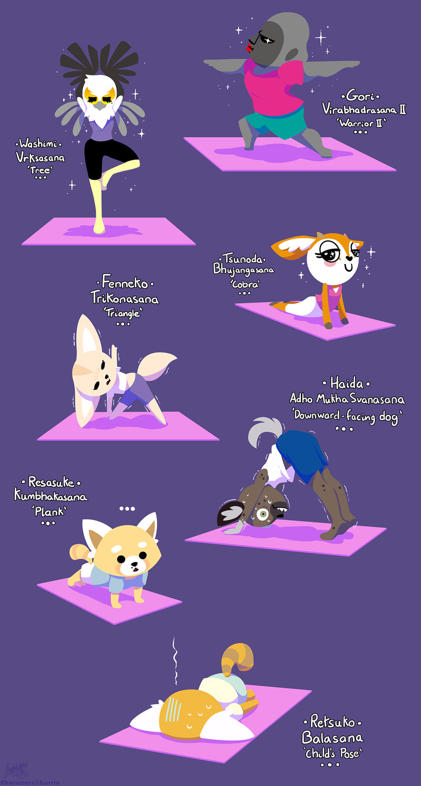 anthro biped bodily_fluids clothed clothing cobra_position downward_dog_pose female group looking_at_viewer male shaking smile sweat text tree_pose trembling vīrabhadrāsana yoga raygirl aggretsuko sanrio director_gori fenneko haida_(aggretsuko) resasuke retsuko secretary_washimi tsunoda_(aggretsuko) accipitriform ailurid antelope ape avian bird bovid canid canine fennec_fox fox gazelle gorilla haplorhine hyena mammal primate red_panda secretary_bird spotted_hyena thomson's_gazelle true_antelope true_fox 2018 absurd_res hi_res