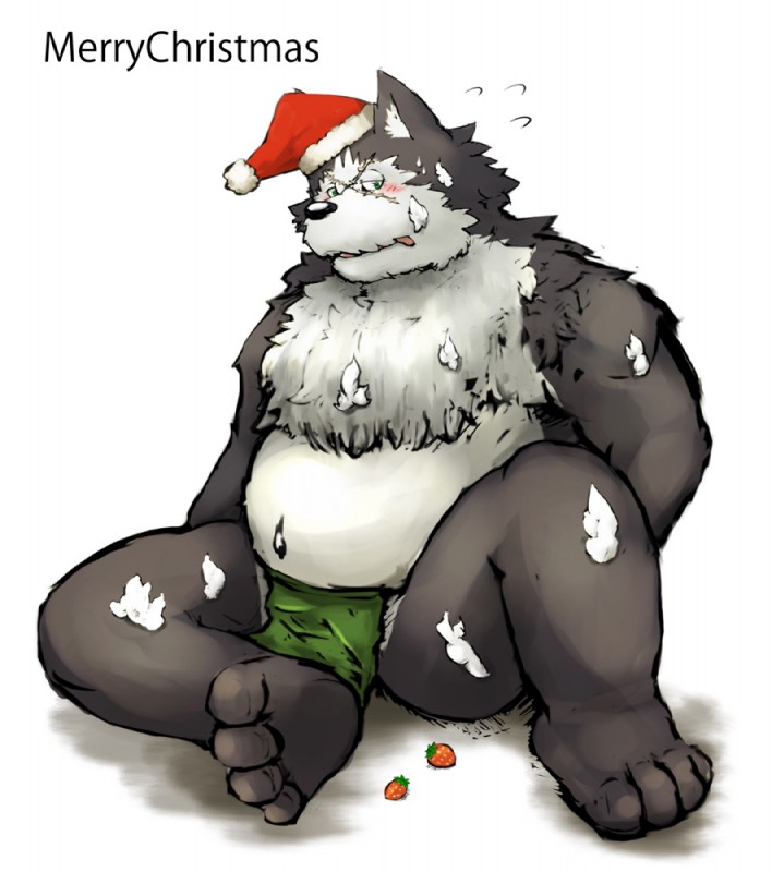 anthro asian_clothing belly biped blush clothing east_asian_clothing fundoshi hat headgear headwear holiday_message holidays japanese_clothing male overweight overweight_anthro overweight_male scar sitting solo text underwear yamacha012 christmas sega shining_(sega) shining_force shining_wind rouen_(shining) canid canine canis mammal wolf 2008 english_text