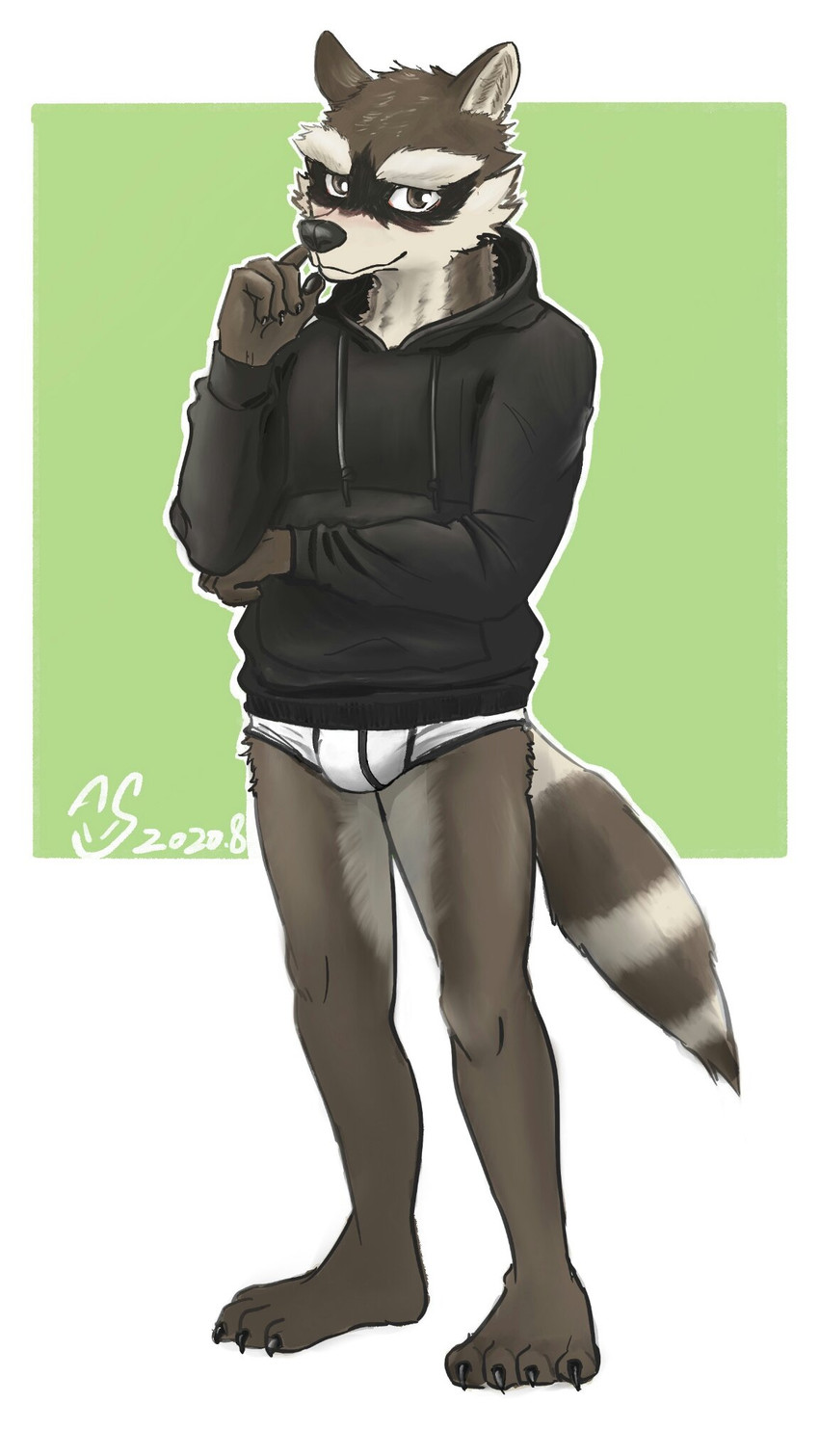 anthro black_clothing black_hoodie black_seam_briefs black_topwear briefs bulge claws clothing drawyourfursona grey_eyes hoodie hoodie/briefs_meme male simple_background solo standing tighty_whities topwear underwear white_briefs white_clothing white_underwear drdalefox echo_(game) echo_(series) echo_project meme_clothing kudzu_tengwan mammal procyonid raccoon 2020 9:16 hi_res meme