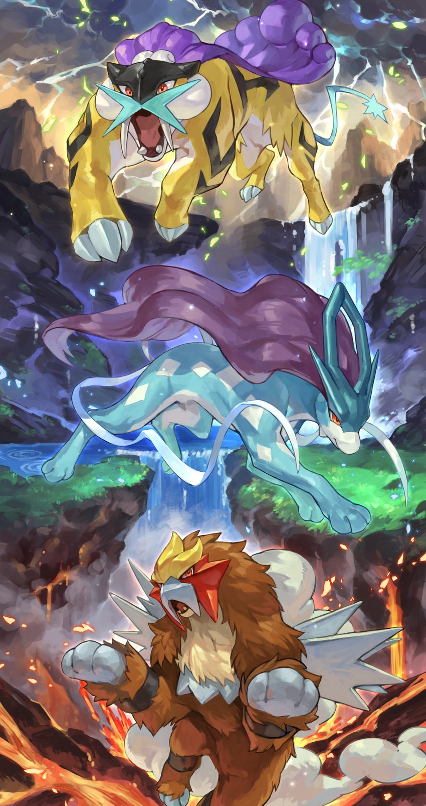 ambiguous_gender brown_body brown_fur cloud electricity feral fur group lava lightning open_mouth quadruped trio water waterfall wolftapioca nintendo pokemon entei generation_2_pokemon legendary_pokemon pokemon_(species) raikou suicune absurd_res hi_res