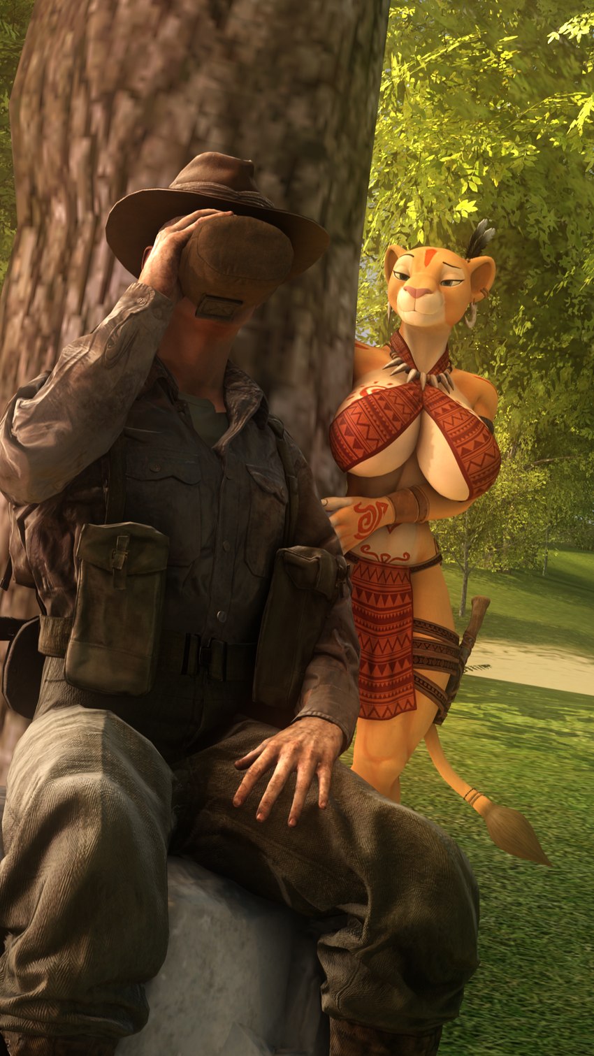 anthro anthrofied bottomwear bra breasts canteen cleavage clothed clothing duo female hat headgear headwear loincloth male park_ranger plant stalking tree tribal tribal_clothing underwear sanguine_paladin mayosplash_(modeler) disney the_lion_king nala_(the_lion_king) felid human lion mammal pantherine 3d_(artwork) 9:16 digital_media_(artwork) hi_res source_filmmaker_(artwork)