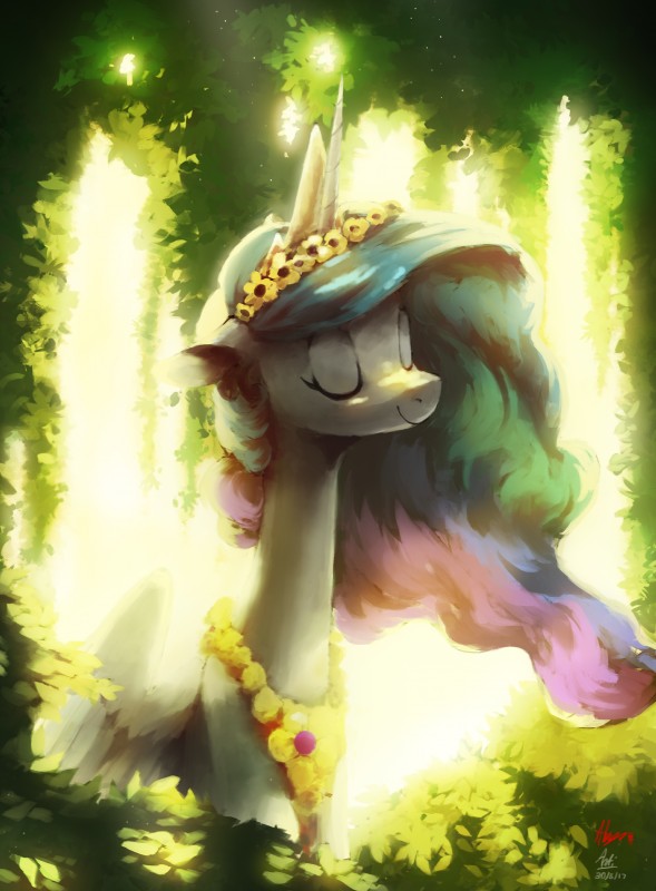 female feral flower forest hair horn multicolored_hair nature outside plant smile solo tree wings wreath alumx anticularpony friendship_is_magic hasbro my_little_pony mythology princess_celestia_(mlp) equid equine mammal mythological_creature mythological_equine winged_unicorn 2017 absurd_res artist_collaboration bust_portrait digital_media_(artwork) hi_res portrait