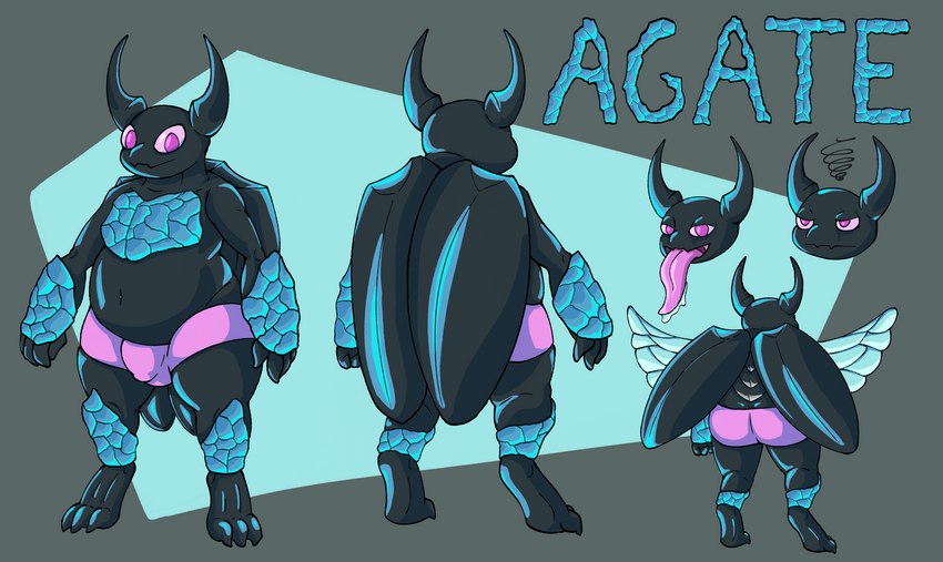 anthro aquamarine_(gem) belly bulge clothing crystal horn long_tongue male navel overweight overweight_male pincers purple_eyes slightly_chubby slightly_chubby_male solo tongue tongue_out underwear wings impishhyena arthropod beetle insect hi_res model_sheet