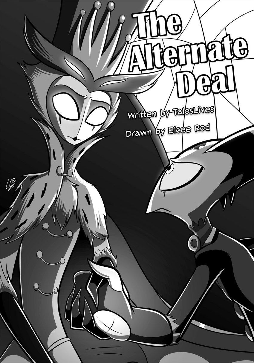 dark_lighting dark_room determined gesture handshake looking_at_another suspense text window elcee_rod helluva_boss blitzo_(helluva_boss) stolas_(helluva_boss) avian_demon imp absurd_res cover cover_art english_text hi_res monochrome