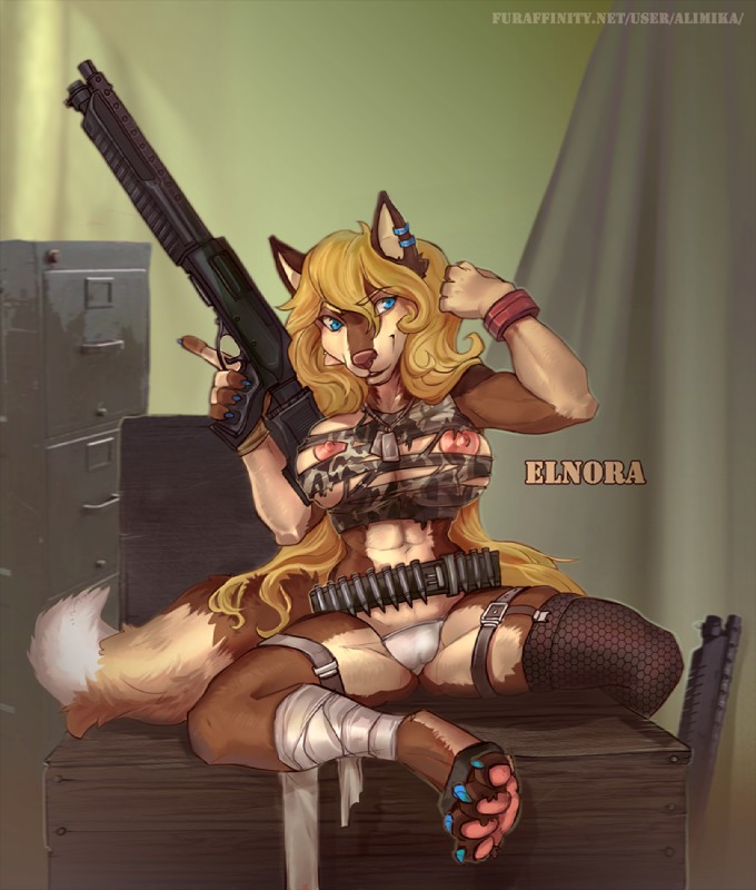 anthro areola bandage big_breasts biped blonde_hair blue_claws blue_eyes breasts brown_body brown_fur bullet camel_toe camo claws clothing female fur gun hair huge_breasts long_hair military navel nipples pawpads pink_nipples pink_pawpads ranged_weapon shotgun sitting solo spread_legs spreading text toe_claws torn_clothing underwear weapon xenoguardian elnora_karkhov canid canine canis mammal wolf 2017 english_text url