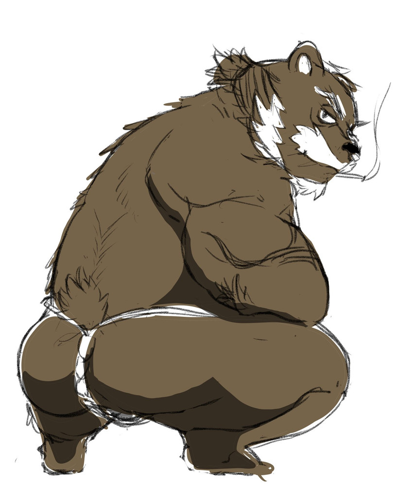 anthro asian_clothing black_nose brown_body brown_fur butt clothing east_asian_clothing facial_hair fundoshi fur japanese_clothing kemono male simple_background smoking solo underwear white_background hysk bear mammal 2021 hi_res