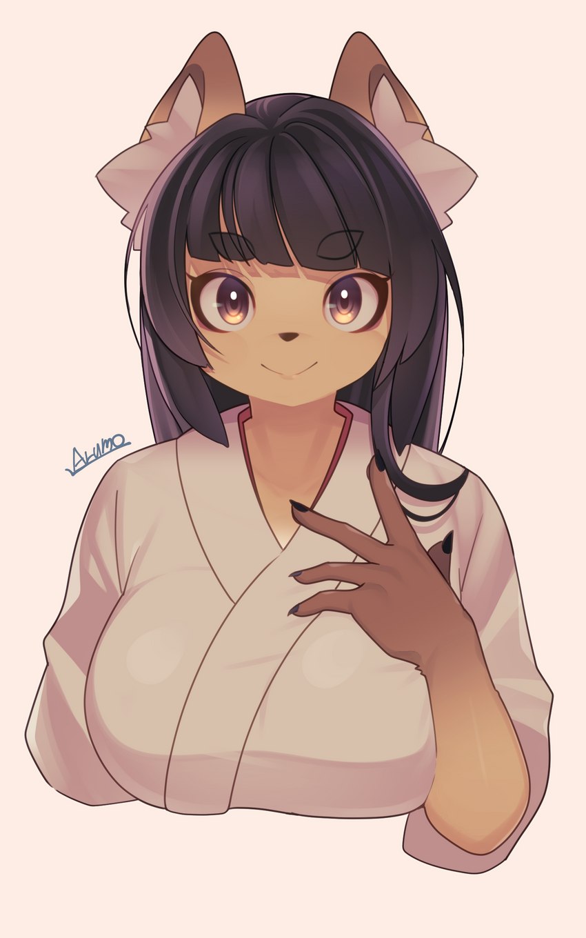 asian_clothing big_breasts black_hair breasts brown_eyes clothing east_asian_clothing female hair japanese_clothing long_hair looking_at_viewer miko_outfit mouth_closed smile solo arumo komena_akamori canid canine fox mammal 5:8 absurd_res hi_res