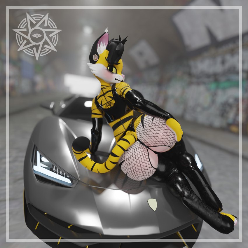 anthro bedroom_eyes big_butt blush butt car clothed clothing ear_piercing exhibitionism female fishnet_clothing flesh_tunnel gauged_ear graffiti latex looking_at_viewer looking_back narrowed_eyes outside piercing presenting public rear_view seductive solo stripes vehicle opalthetiger lamborghini lamborghini_centenario opal_the_tiger felid mammal pantherine tiger 1:1 3d_(artwork) digital_media_(artwork)