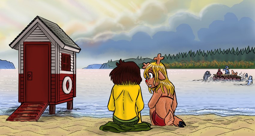 anthro antlers barefoot bikini blonde_hair brown_body brown_fur brown_hair buckteeth clothing cloud door duo feet female forest forest_background fur hair hooves horn hut lake looking_at_another male male/female nature nature_background partially_submerged plant rear_view red_nose sand scut_tail shoreline short_tail sitting sitting_on_ground sky swimwear tail teeth tree two-piece_swimsuit water killb94_(artist) deltarune undertale_(series) background_character kris_(deltarune) noelle_holiday deer human mammal new_world_deer reindeer