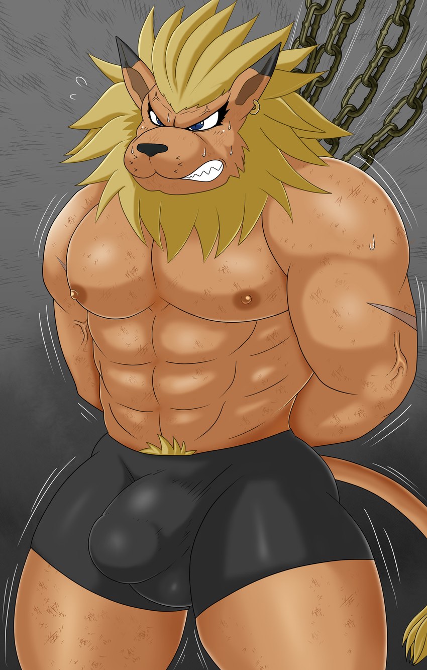 abs anthro bdsm blonde_hair blush bound bulge clenched_teeth clothing detailed_bulge hair male mane muscular muscular_anthro muscular_male pecs scuff_marks solo teeth underwear bantau bandai_namco digimon digimon_(species) leomon absurd_res hi_res