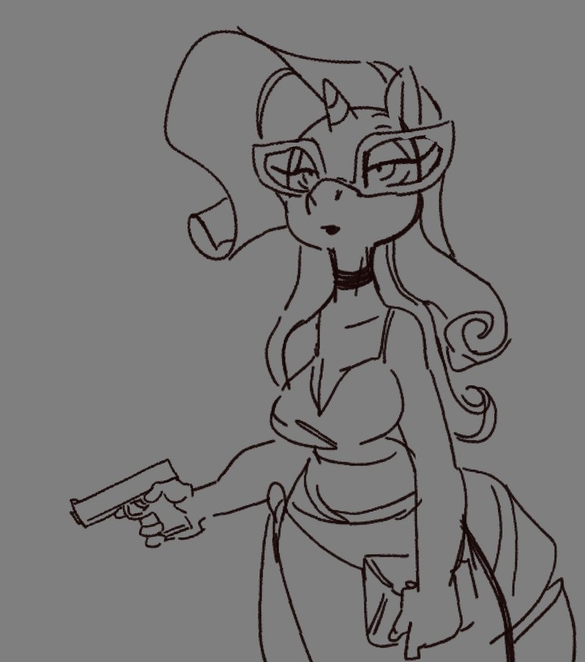 anthro biped clothed clothing clutch_(bag) dress eyewear female glasses gun hair handbag horn long_hair ranged_weapon simple_background solo weapon tabuley friendship_is_magic hasbro my_little_pony mythology rarity_(mlp) equid equine mammal mythological_creature mythological_equine unicorn 2024 hi_res monochrome