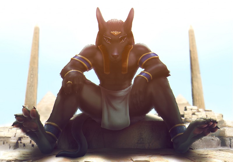 anthro biped black_body black_fur bottomwear clothed clothing dreadlocks egyptian egyptian_clothing egyptian_headdress feet fur headdress headgear headwear loincloth looking_at_viewer male nemes_(clothing) pawpads paws shendyt sitting solo spread_legs spreading topless zenthetiger egyptian_mythology middle_eastern_mythology mythology anubis anubian_jackal canid canine canis deity jackal mammal hi_res