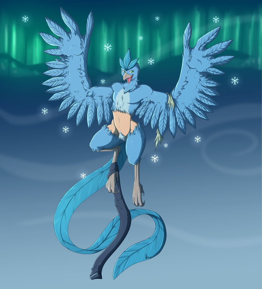 after_transformation anthro aurora_(phenomenon) avian_feet bottomwear clothing denim denim_bottomwear denim_clothing feral flying ice jeans jeans_down male pants shirt solo topwear torn_clothing torn_shirt torn_topwear transformation wind narusewolf nintendo pokemon aurora_(auroraborealis) macdaracc articuno avian generation_1_pokemon human humanoid legendary_pokemon mammal pokemon_(species) hi_res