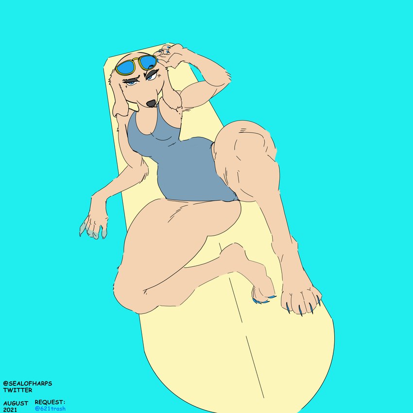 anthro blue_eyes breasts feet female fingernails huge_thighs lying nails on_back pose sexy_eyes small_breasts solo surfboard thick_thighs toenails toes wide_hips harpseal canid canine mammal 1:1 absurd_res hi_res pinup