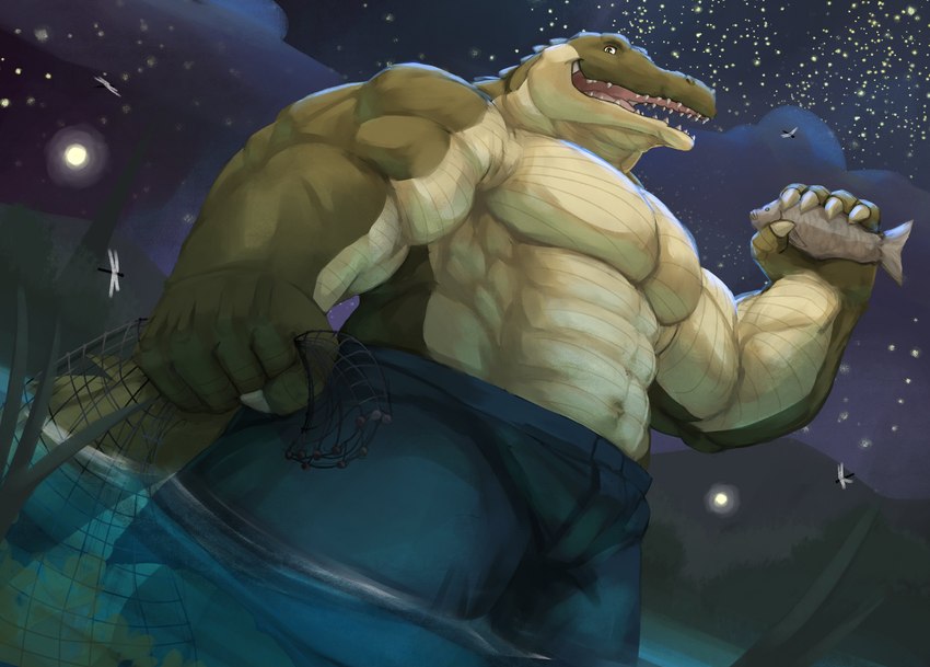 abs anthro biceps big_muscles bottomwear clothing holding_object male many_teeth muscular muscular_male night open_mouth pecs pupils slit_pupils solo triceps yellow_eyes cinna-tree alligator alligatorid crocodilian reptile scalie absurd_res hi_res