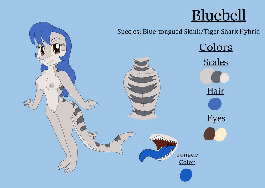 3_toes 5_fingers anthro bare_breasts blue_hair blue_tongue breasts brown_eyes curvy_figure feet female fingers genitals hair markings nude pussy sharp_teeth solo striped_markings stripes tail teeth text toes tongue yellow_sclera kendratheshinyeevee bluebell_(kendraeevee) fan_character blue-tongued_skink fish hybrid lizard marine reptile scalie shark skink english_text hi_res model_sheet