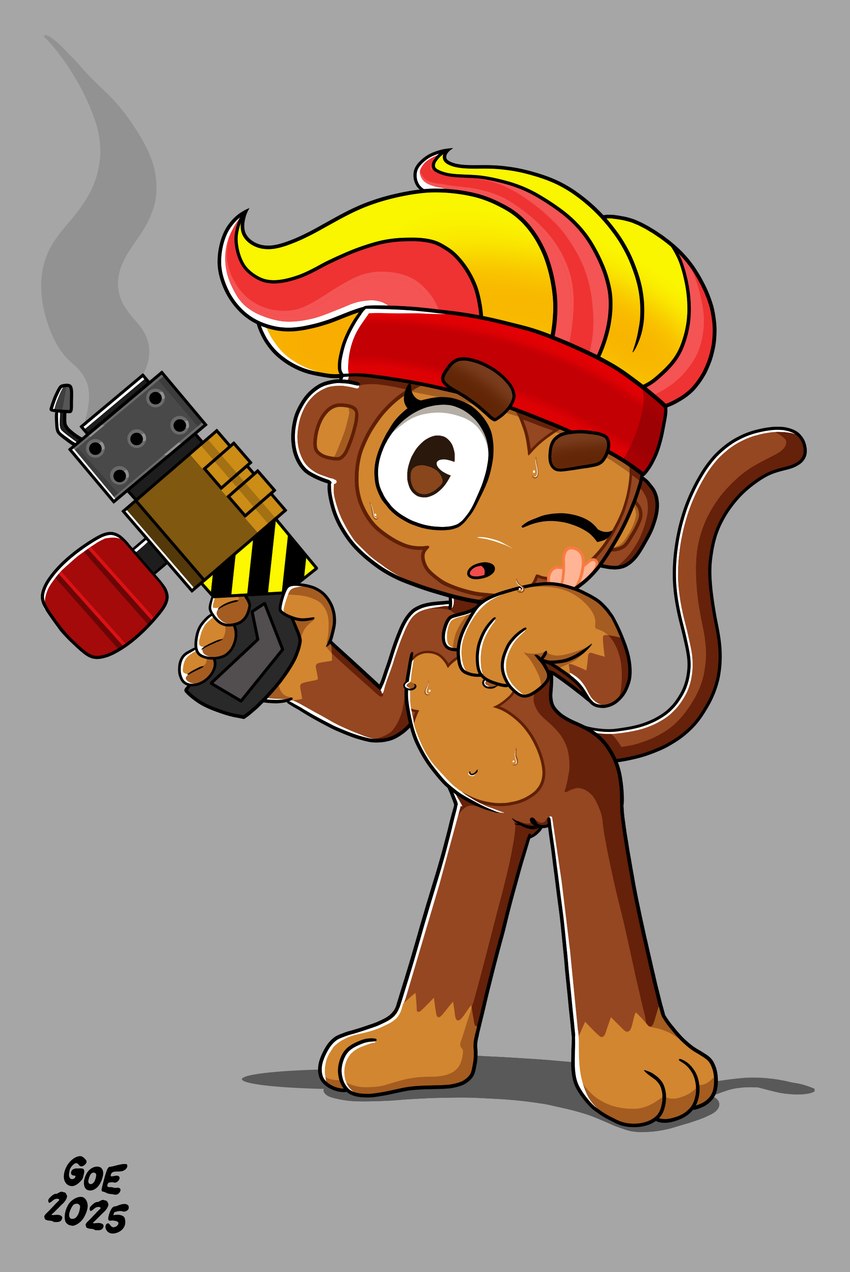 anthro band-aid bandage bodily_fluids brown_body female flat_chested genitals gun looking_at_viewer nipples nude one_eye_closed pussy ranged_weapon simple_background smoke solo standing sweat tail tomboy weapon young young_female goodorevil_(artist) bloons_tower_defense ninja_kiwi gwendolin_(bloons) haplorhine mammal monkey primate 2025 absurd_res hi_res