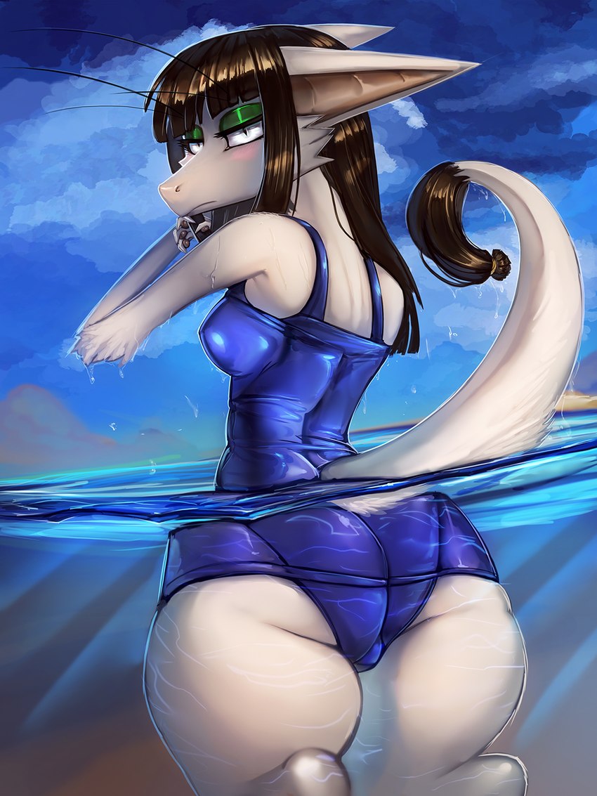 anthro big_butt blue_one-piece_swimsuit breasts brown_hair butt butt_pose cheek_tuft clothing day eyeshadow facial_tuft female fingerpads fur grey_body grey_fur hair looking_at_viewer looking_back looking_back_at_viewer makeup one-piece_swimsuit outside partially_submerged pawpads pose raised_tail rear_view refraction solo swimwear tail tail_tuft thick_thighs tuft water wet wet_body wet_fur general-irrelevant out-of-placers vizlet mammal yinglet 2022 3:4 digital_media_(artwork) hi_res