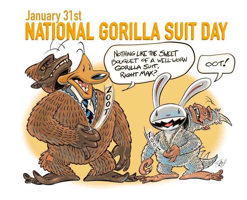 anthro brown_body brown_fur clothing costume duo fur fursuit male necktie smile suit teeth text unzipping white_body white_fur zipper_down steve_purcell national_gorilla_suit_day sam_and_max max_(sam_and_max) samuel_dog ape canid canine canis domestic_dog gorilla haplorhine lagomorph leporid mammal primate rabbit english_text hi_res official_art reaction_image