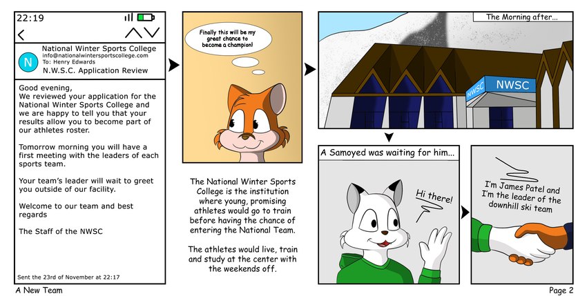 anthro clothed clothing duo male male/male snow text lucyhaupdarsteller a_new_team snow_days henry_edwards james_patel lucy_(lucyhaupdarsteller) canid canine canis domestic_dog fox mammal nordic_sled_dog samoyed spitz absurd_res comic english_text hi_res url