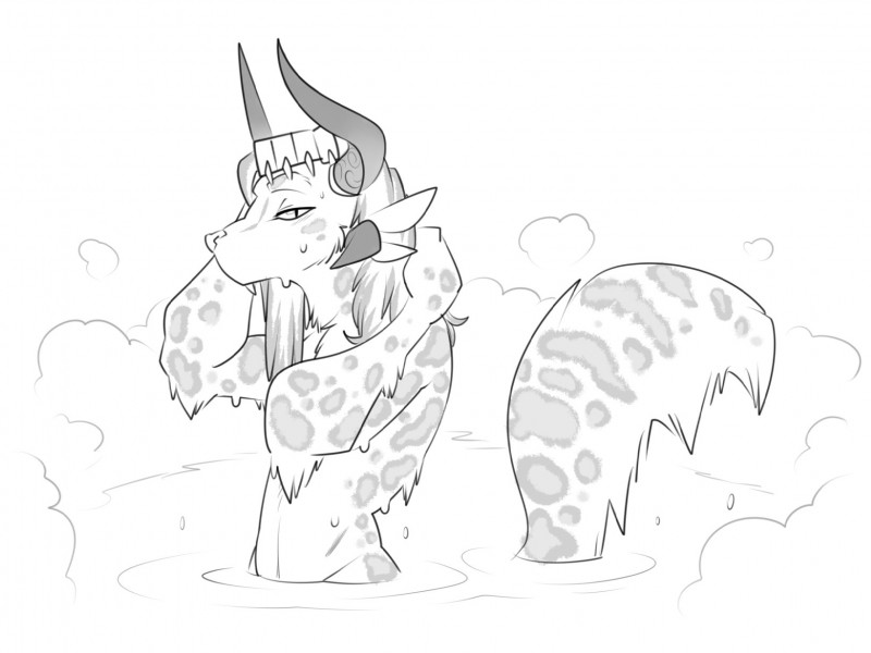 4_ears ambiguous_gender anthro bathing female looking_at_viewer multi_ear nude simple_background solo steam wet halbean guild_wars purna_whitewillow charr felid mammal hi_res monochrome