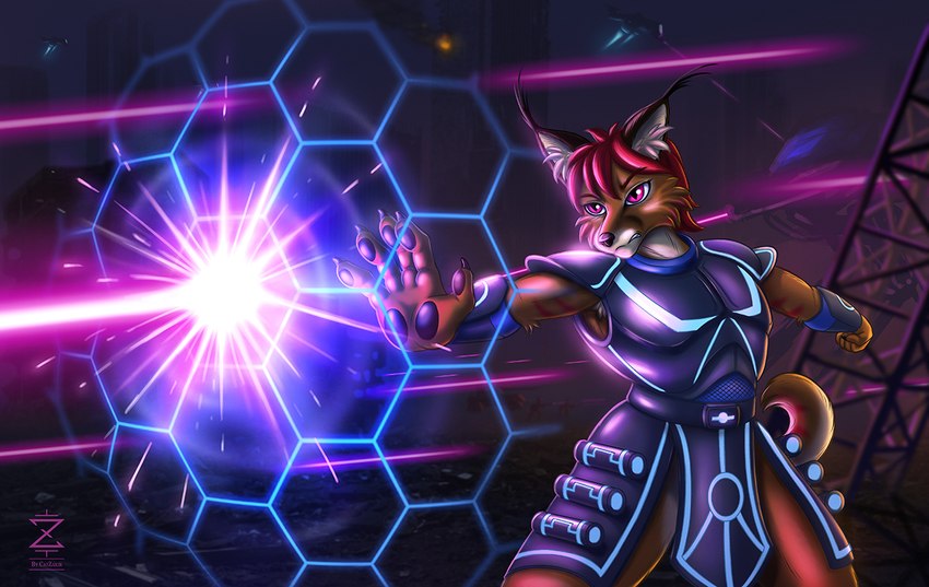 armor battlefield city detailed_background fight group inner_ear_fluff laser magic magic_user male outside pink_eyes pose ruins shield solo_focus standing tuft war catzakir canid canine hybrid mammal signature