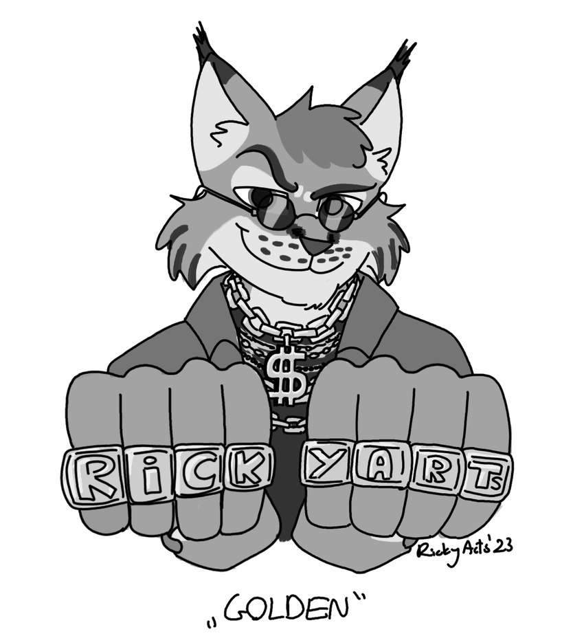 anthro chain clothed clothing countershade_face countershading currency_symbol dollar_sign gold_(metal) gold_chain gold_ring gold_rings jewelry looking_at_viewer male open_clothing open_shirt open_topwear shirt simple_background smile solo sunglasses_on_face symbol topwear white_background ricky_arts inktober felid feline humanoid lynx mammal 2023 monochrome