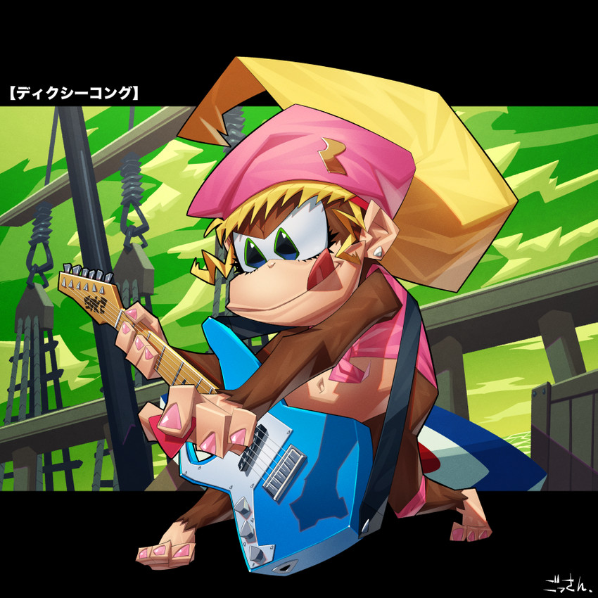 barefoot blonde_hair bottomless bottomless_female clothed clothing cloud colored_nails ear_piercing ear_ring feet female fur green_eyes guitar hair hat headgear headwear long_hair musical_instrument nails navel piercing plucked_string_instrument ring_piercing solo string_instrument tailless tongue tongue_out gossan donkey_kong_(series) nintendo dixie_kong haplorhine mammal monkey primate 1:1 2019