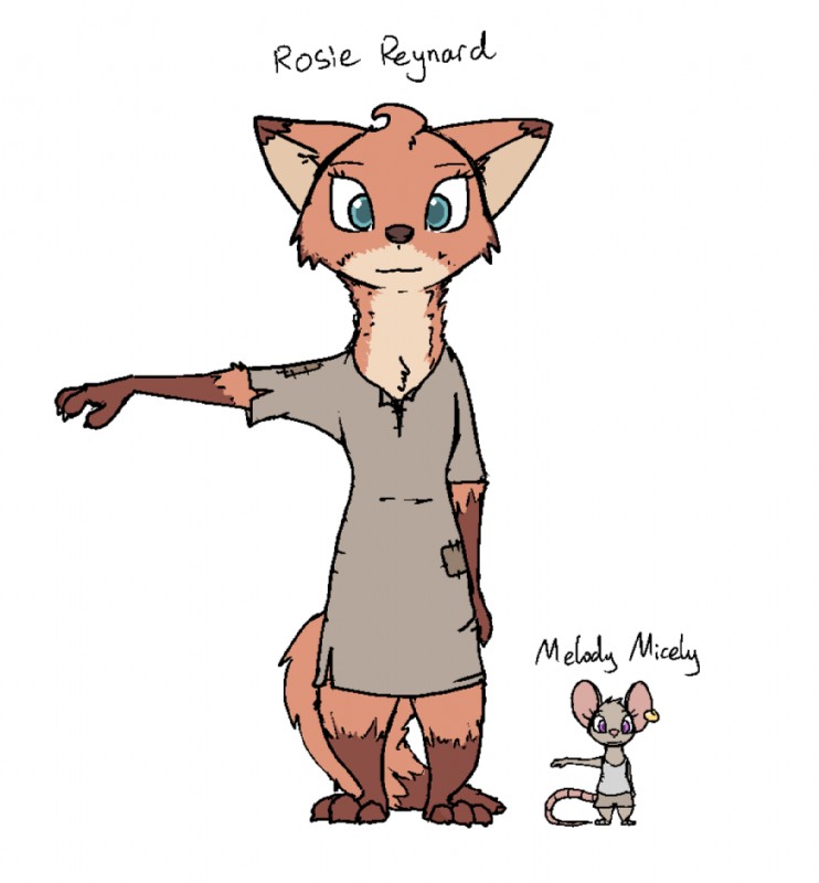 3_toes anthro barefoot clothed clothing cross-eyed duo feet female patch_(fabric) purple_eyes simple_background size_difference standing teal_eyes toes white_background zhanbow disney zootopia fan_character melody_(zhanbow) rosie_(zhanbow) canid canine fox mammal mouse murid murine rodent model_sheet