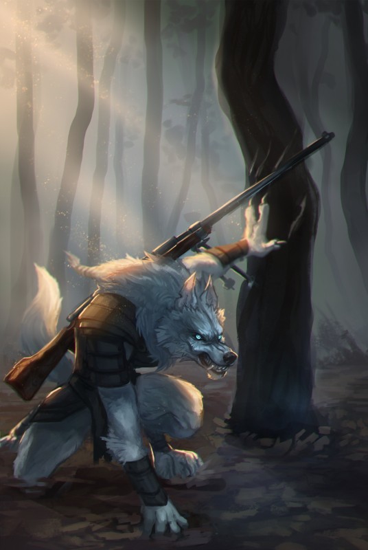 anthro armor bipod blue_eyes braided_hair claws clothed clothing crouching fangs forest fur gun hair male plant ranged_weapon rifle snarling solo teeth tree weapon white_body white_fur nathing mythology dysol_(character) canid canine canis mammal mythological_canine mythological_creature werecanid werecanine werecreature werewolf wolf 2017 absurd_res hi_res traced