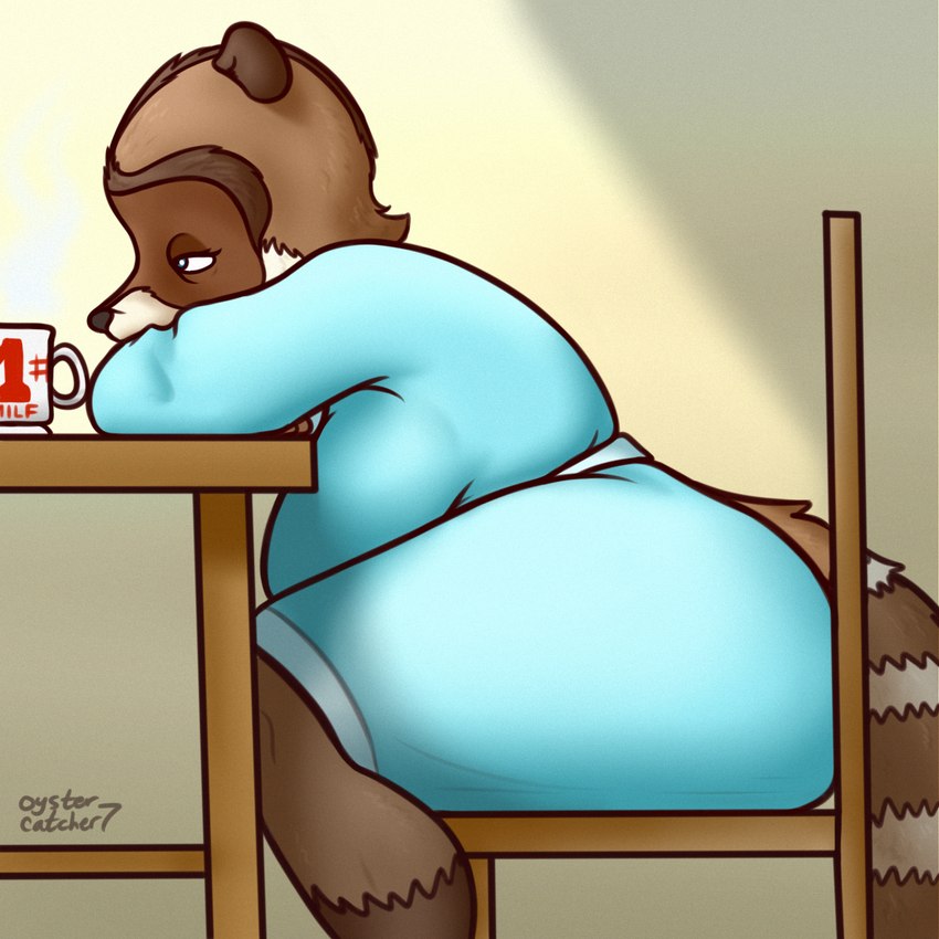 anthro anthrofied bathrobe big_breasts breasts clothing container crossgender cup female mug overhead_lighting robe sitting_at_table solo tail thick_thighs oystercatcher7 dreamworks over_the_hedge rj_(over_the_hedge) mammal procyonid raccoon 1:1 hi_res signature