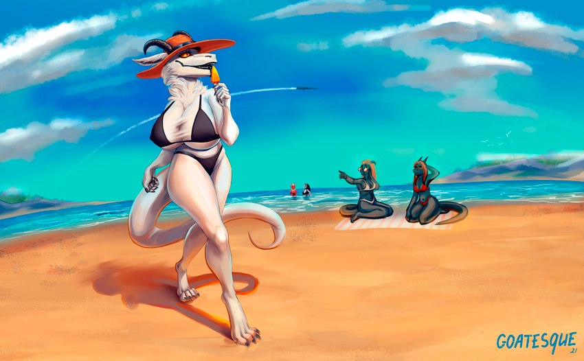 beach bikini breasts clothing female group sea seaside swimwear tail two-piece_swimsuit water goatesque mythology dragon mythological_creature mythological_scalie scalie synx absurd_res hi_res