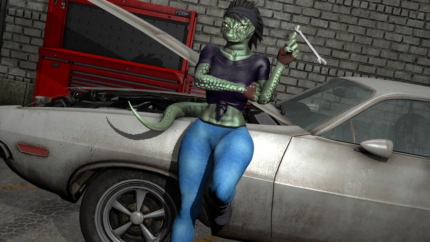 anthro car clothed clothing female garage hair inside looking_at_viewer mechanic retro_car serpentine solo tools topwear vehicle wrench viper-desires dodge_(brand) dodge_challenger petruz_(copyright) kira_(viper-desires) snake_(petruz) animal_humanoid humanoid mammal reptile scalie snake 16:9 3d_(artwork) digital_media_(artwork) hi_res widescreen