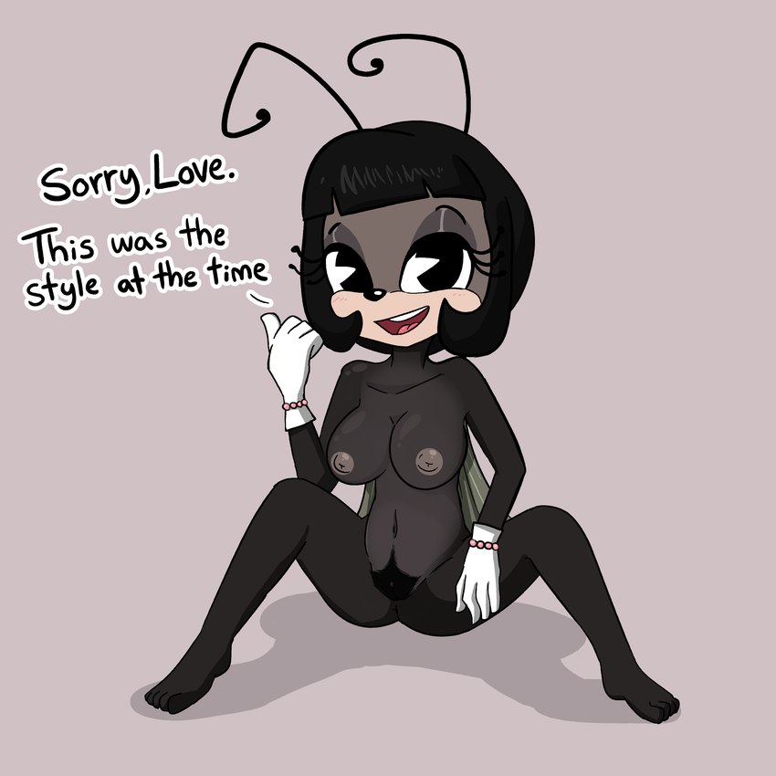 antennae_(anatomy) anthro black_hair black_nose breasts clothing dialogue feet female genitals gloves hair half-closed_eyes handwear looking_at_viewer narrowed_eyes navel nipples open_mouth pie_cut_eyes pubes pussy sitting solo teeth text tongue tjpones if_(2024) paramount_pictures blossom_(if) arthropod 2024 absurd_res english_text hi_res