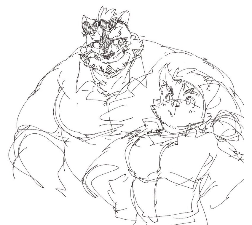 anthro blush duo eyebrows grin heart_sunglasses male male/male musclegut muscular muscular_arms size_difference smile thick_eyebrows exe_exem lifewonders live_a_hero dog_operator protagonist_(live_a_hero) viscunam canid canine canis domestic_dog mammal procyonid raccoon bust_portrait portrait sketch