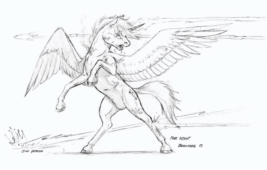 cutie_mark feathered_wings feathers feral hooves horn magic male open_mouth solo text unicorn_horn wings wounded baron_engel friendship_is_magic goldfur's_cogsverse hasbro my_little_pony mythology free_agent_(mlp) equid equine mammal mythological_creature mythological_equine winged_unicorn 2015 english_text greyscale monochrome traditional_media_(artwork)