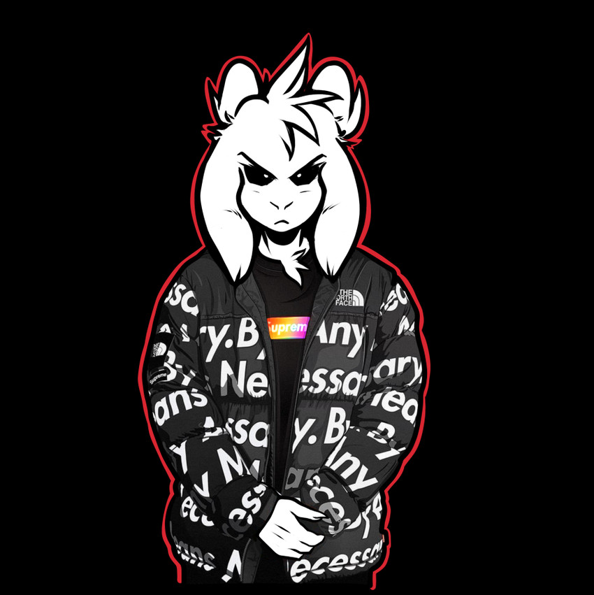 4_fingers anthro black_background black_sclera clothed clothing curved_horn fingers floppy_ears frown fully_clothed fur head_tuft horn humor jacket logo male multicolored_outline neck_tuft outline rainbow_outline shirt simple_background solo standing t-shirt text text_on_clothing text_on_jacket text_on_shirt text_on_topwear topwear tuft white_body white_fur crackers drip_(meme) goku_drip supreme the_north_face undertale undertale_(series) asriel_dreemurr_(god_form) boss_monster_(undertale) bovid caprine mammal 2021 digital_media_(artwork) english_text meme