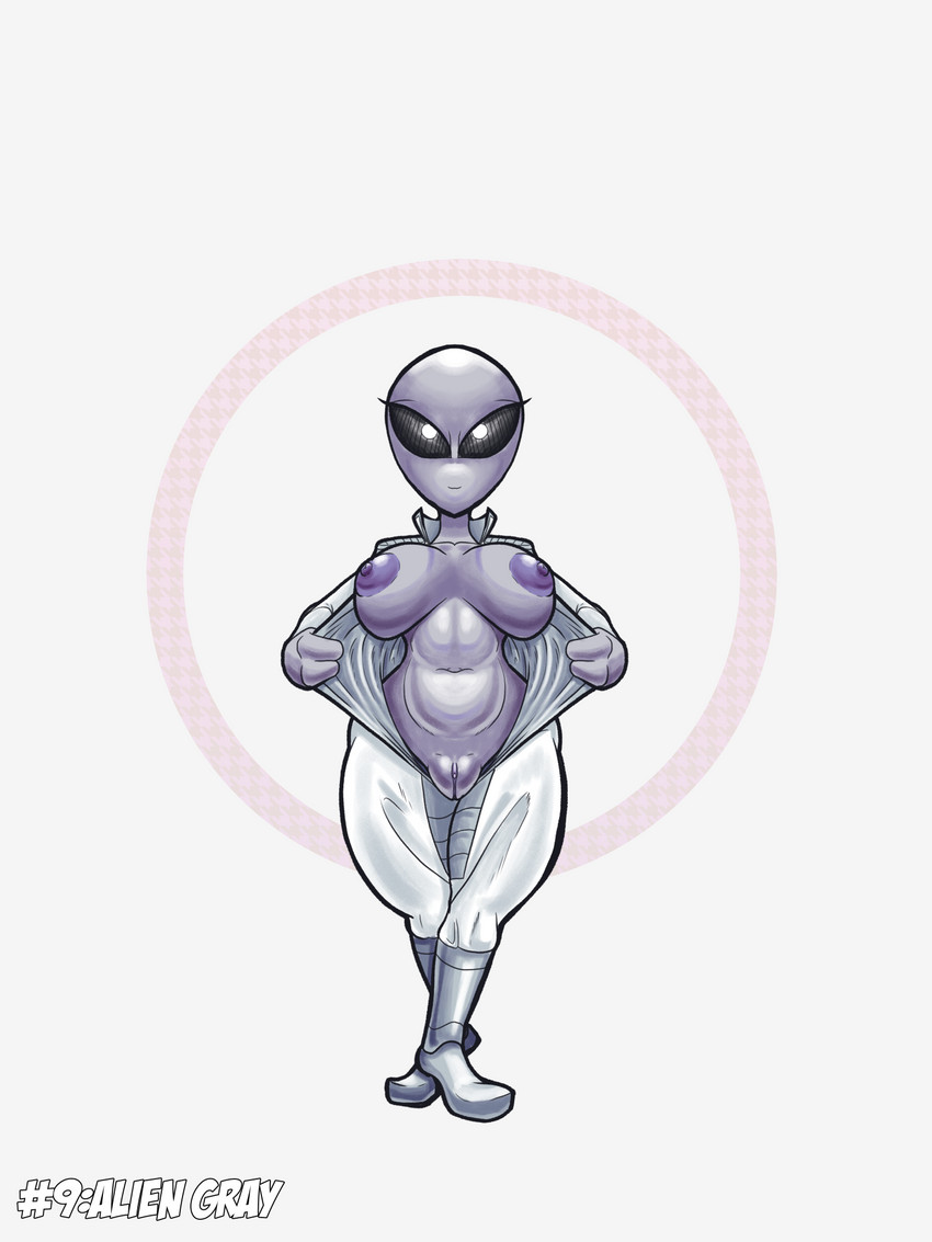 big_breasts bodysuit breasts clothing clothing_pull crossed_legs female genitals grey_body grey_skin looking_at_viewer navel nipples plump_labia presenting purple_nipples pussy short_stack skinsuit solid_eyes solo tight_clothing undressing fourssss alien alien_humanoid humanoid roswell_grey 3:4 hi_res