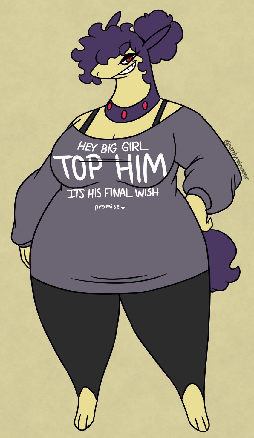 accessory anthro big_breasts breasts cleavage clothed clothing exposed_bra female hair hair_accessory hair_tie hand_on_hip heart_symbol humor lidded_eyes ponytail purple_hair red_eyes scut_tail shirt short_tail slightly_chubby smile smiling_at_viewer solo sweater tail text text_on_clothing text_on_shirt text_on_topwear thick_thighs topwear wide_hips yellow_body nerdyreindeer nintendo pokemon aversa_(nerdyreindeer) generation_2_pokemon generation_8_pokemon hisuian_form hisuian_typhlosion pokemon_(species) regional_form_(pokemon) typhlosion hi_res