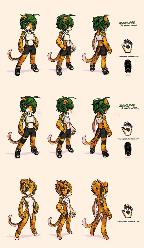 anthro bodily_fluids bottomwear butt clothing green_eyes green_hair hair male mascot pawpads short_hair shorts solo sweat text young young_anthro tysontan cc-by-sa creative_commons zakumi cheetah felid feline mammal 2014 hi_res