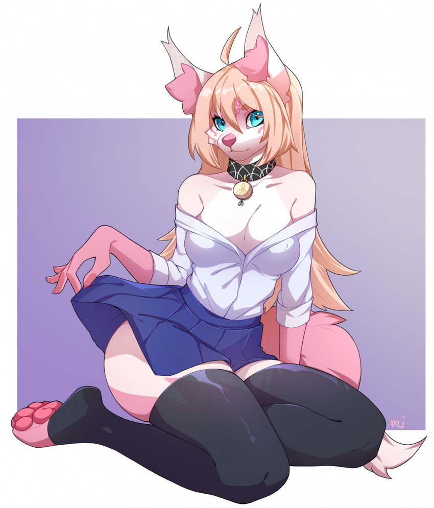 4_toes ahoge anthro black_clothing black_collar black_footwear black_legwear black_socks black_thigh_highs black_thigh_socks blonde_hair blue_bottomwear blue_clothing blue_eyes blue_skirt bottomwear breasts cleavage clothed clothing clothing_lift collar collar_tag dress_shirt ear_tuft feet female footless_socks footwear fur hair hindpaw inner_ear_fluff legwear no_underwear off_shoulder pattern_collar pawpads paws pink_body pink_fur pink_inner_ear_fluff pink_nose pink_pawpads pleated_skirt shirt shirt_unbuttoned skirt skirt_lift socks solo thigh_highs thigh_socks toeless_footwear toeless_socks toes topwear tuft white_clothing white_dress_shirt white_shirt white_topwear mojaloo celtic_the_kitsune canid canine fox mammal digital_media_(artwork) hi_res shaded