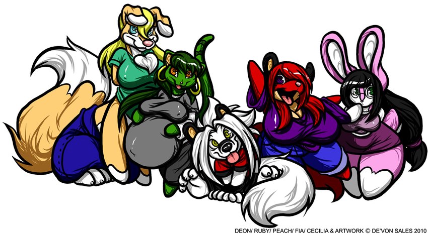 anthro balls belly big_balls big_belly big_breasts black_hair blonde_hair blue_eyes bottomwear breasts bulge chibi clothing detailed_bulge dress ear_piercing ear_ring eyewear female fur genitals glasses green_body green_eyes green_fur green_hair gynomorph hair huge_balls huge_breasts intersex male multicolored_body multicolored_fur orange_eyes pants piercing pink_body pink_fur purple_eyes red_body red_fur red_hair ring_piercing shirt thick_thighs tongue tongue_out topwear two_tone_body two_tone_fur white_body white_fur white_hair yellow_eyes deonwolf cecilia_(deonwolf) deon_(deonwolf) fia_(deonwolf) peach_(deonwolf) ruby_(deonwolf) canid canid_taur canine canine_taur canis dog_taur domestic_cat domestic_dog felid feline felis fox lagomorph leporid mammal mammal_taur rabbit taur wolf 2010 digital_media_(artwork)