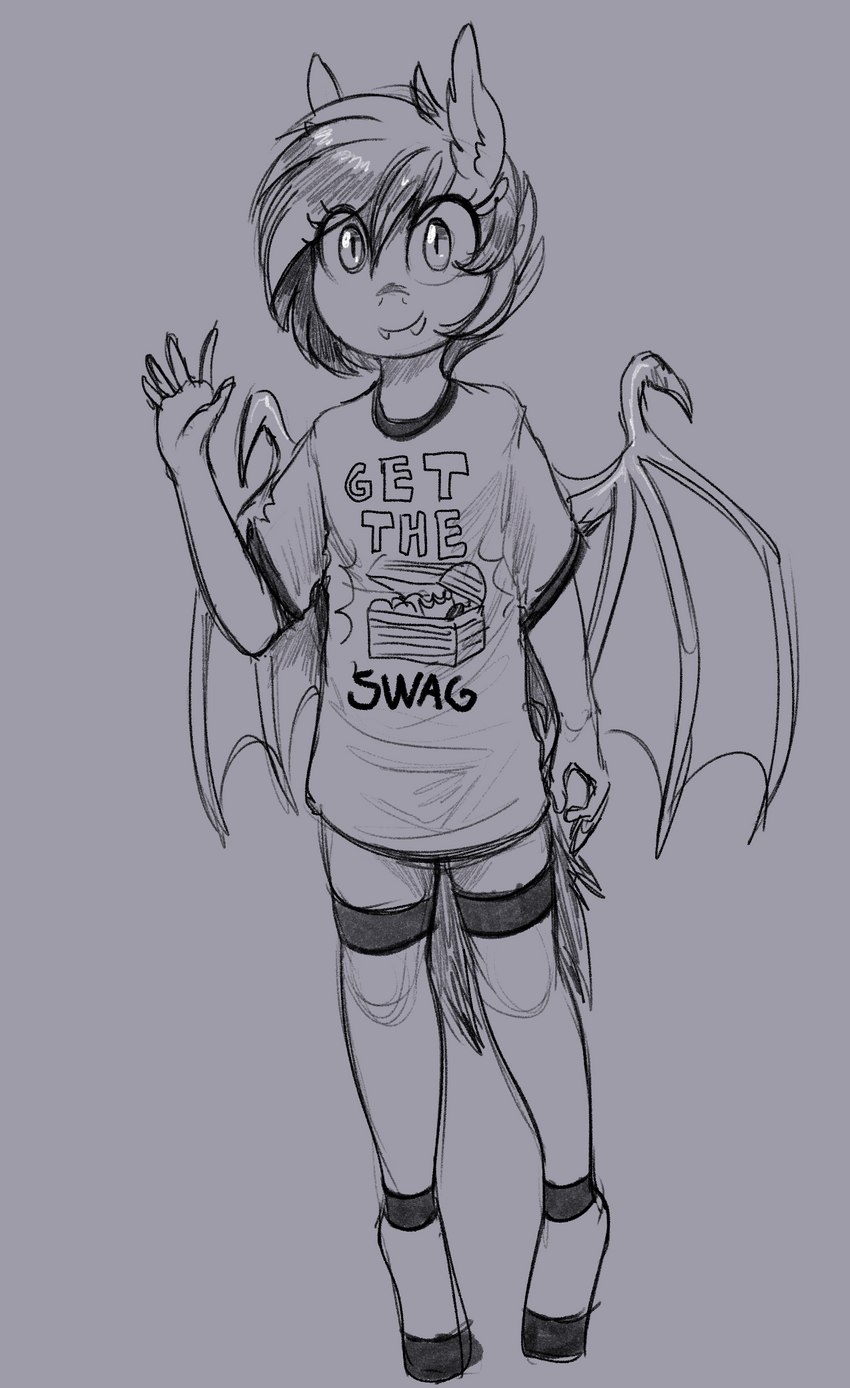 anthro clothing fangs female footwear gesture membrane_(anatomy) membranous_wings pupils shirt slit_pupils socks t-shirt teeth topwear waving wings replica_(artist) circle_game hasbro my_little_pony fan_character nolegs_(oc) bat_pony equid mammal hi_res monochrome