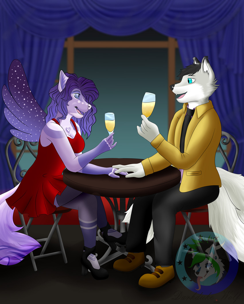 alcohol anthro beverage blue_eyes bottomwear breasts chair champagne clothed clothing container cup curtains dinner dress duo eye_contact female footwear fur furniture grey_body grey_fur grey_hair hair heart_symbol legwear looking_at_another male male/female multi_tail necktie pants purple_body purple_eyes purple_fur purple_hair red_clothing red_dress romantic romantic_ambiance romantic_couple shoes table tail thigh_highs window wings darkdukewolf canid canine canis domestic_dog fox husky mammal nordic_sled_dog spitz wolf absurd_res hi_res