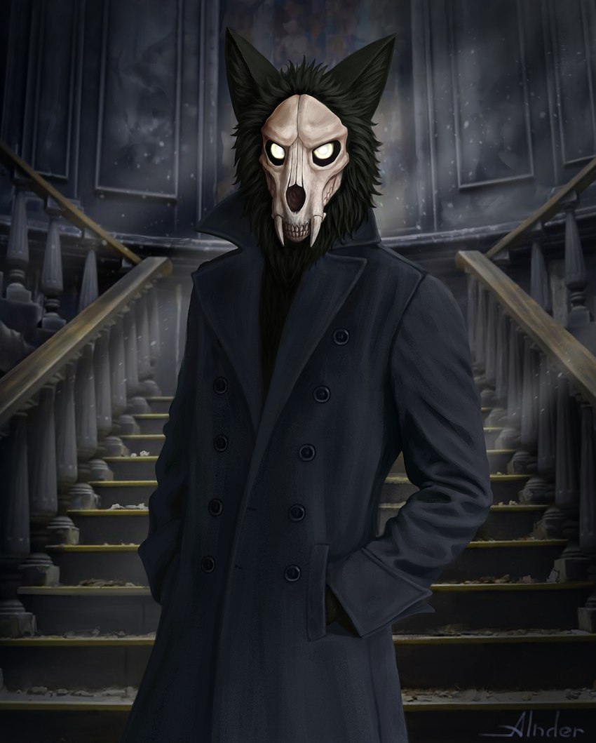 anthro bone clothed clothing detailed_background dream looking_at_viewer male nightmare scared skull solo alnder canid canine canis domestic_dog mammal skull_dog hi_res